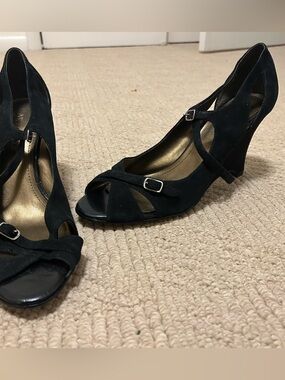 Anne Klein Black Suede Wedge Mary Jane Peep-Toe Heels